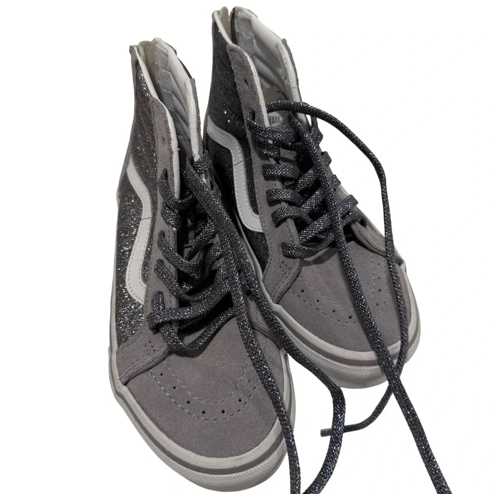 Vans Sk8-Hi Zip Kids 2.5 Grey Suede Glitter High Top Sneakers Grey White